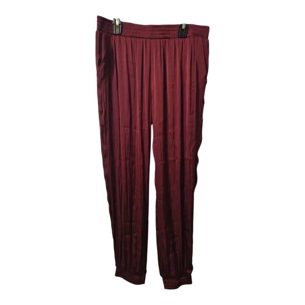 David Lerner Track Pants Size M Burgundy Satin Joggers Silky Soft Lightweight